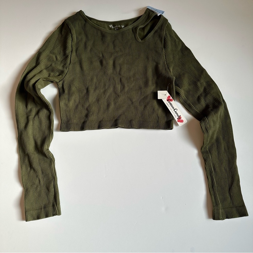 Cotton Candy Womens M/L Olive Green Ribbed Crop Top Long Sleeve Stretchy NWT